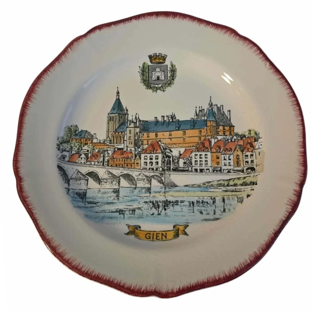 Gien France Plate Decorative Wall Hanging Plate Town‎ Scene Red Trim